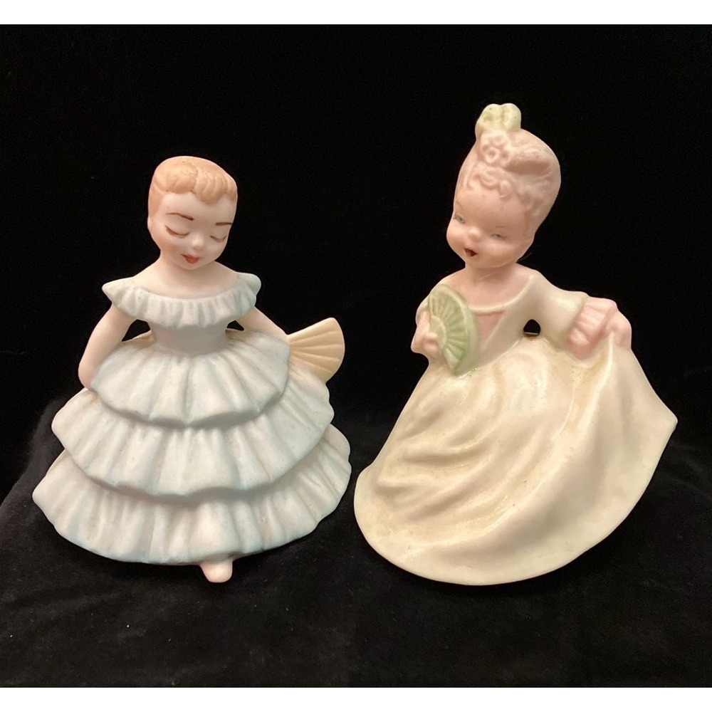 VTG 1960s Mallory Ceramic Figurine Set 2 Blue & Yellow Southern Belle Hand Fans